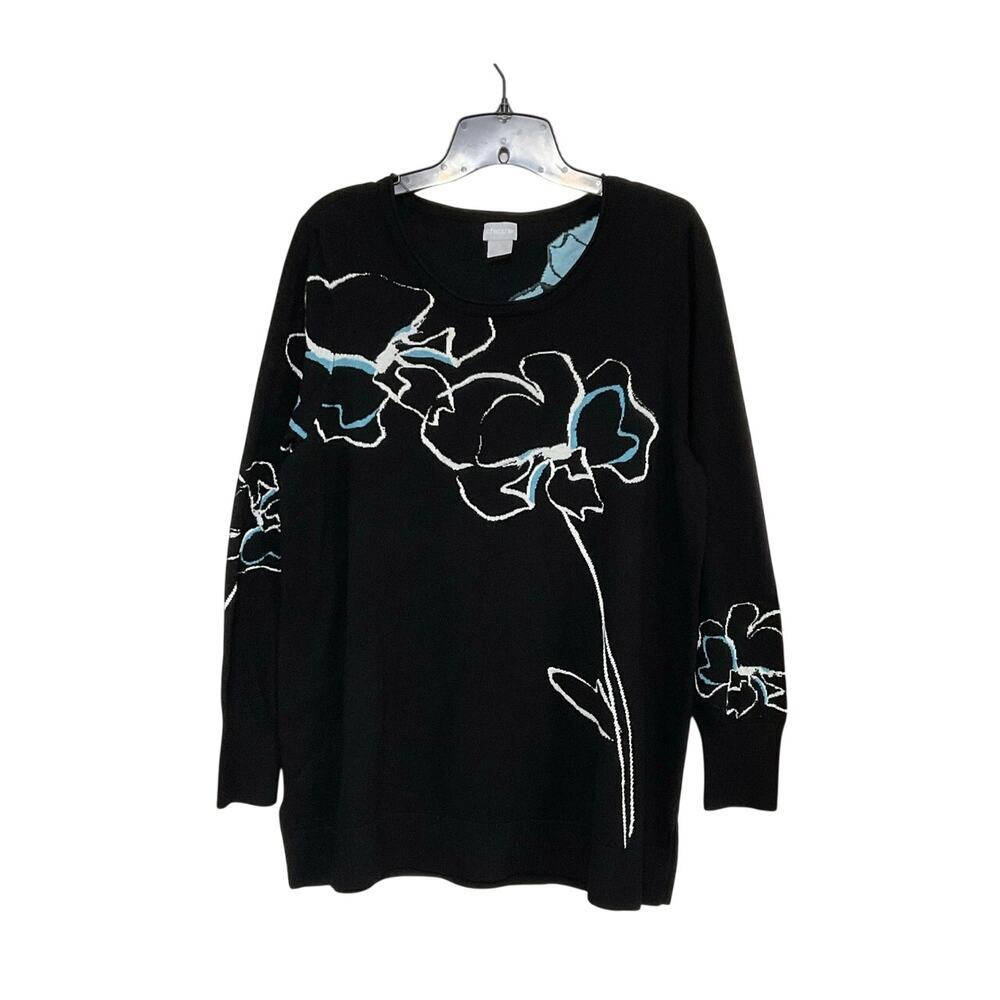 Chico's Floral Black Sweater Abstract Artsy Womens Size Large Ribbed Trim